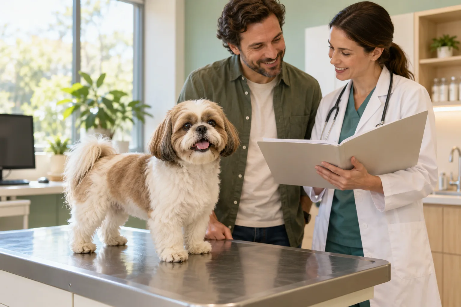 Owner and veterinarian reviewing a folder beside a small dog